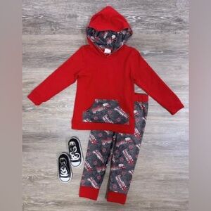 Red Hoodie and Patterned Pants Set